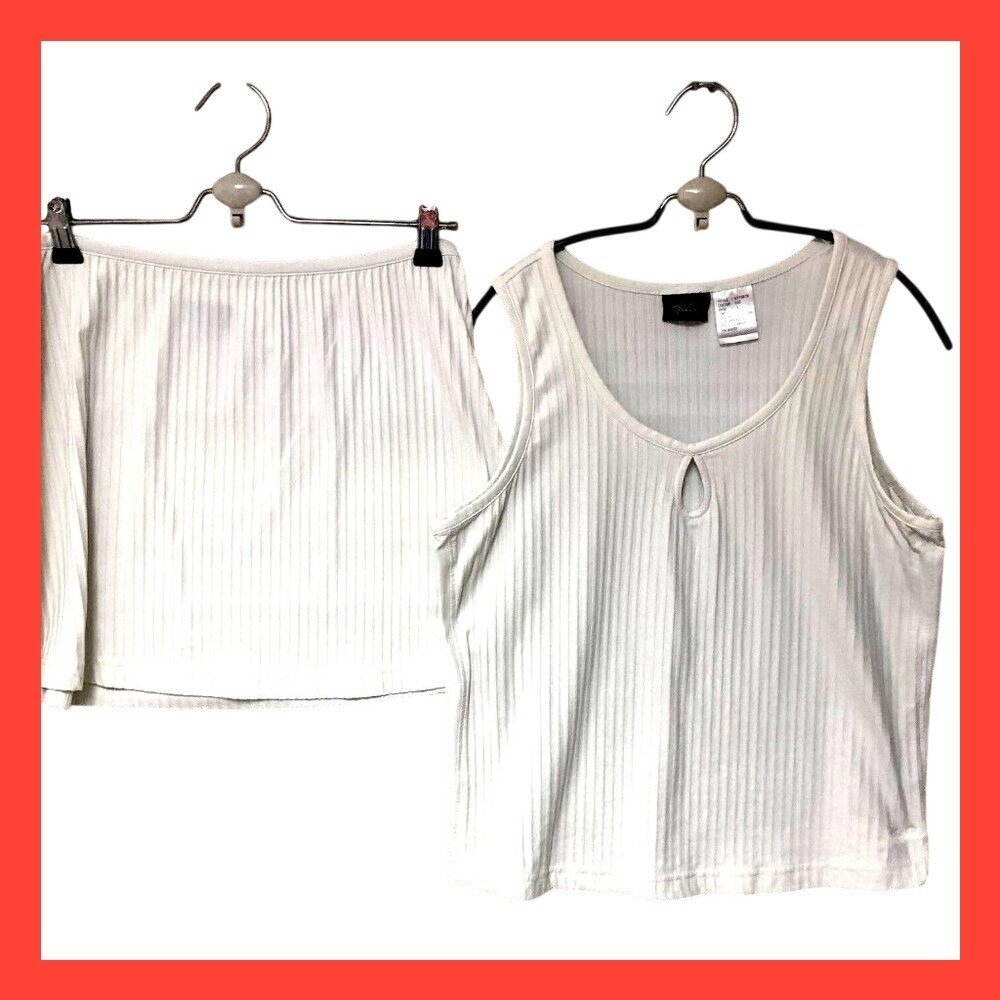 Kaelin 2 PC White‎ Striped Tennis Pickleball Outfit Skirt Tank Top Set Women's L